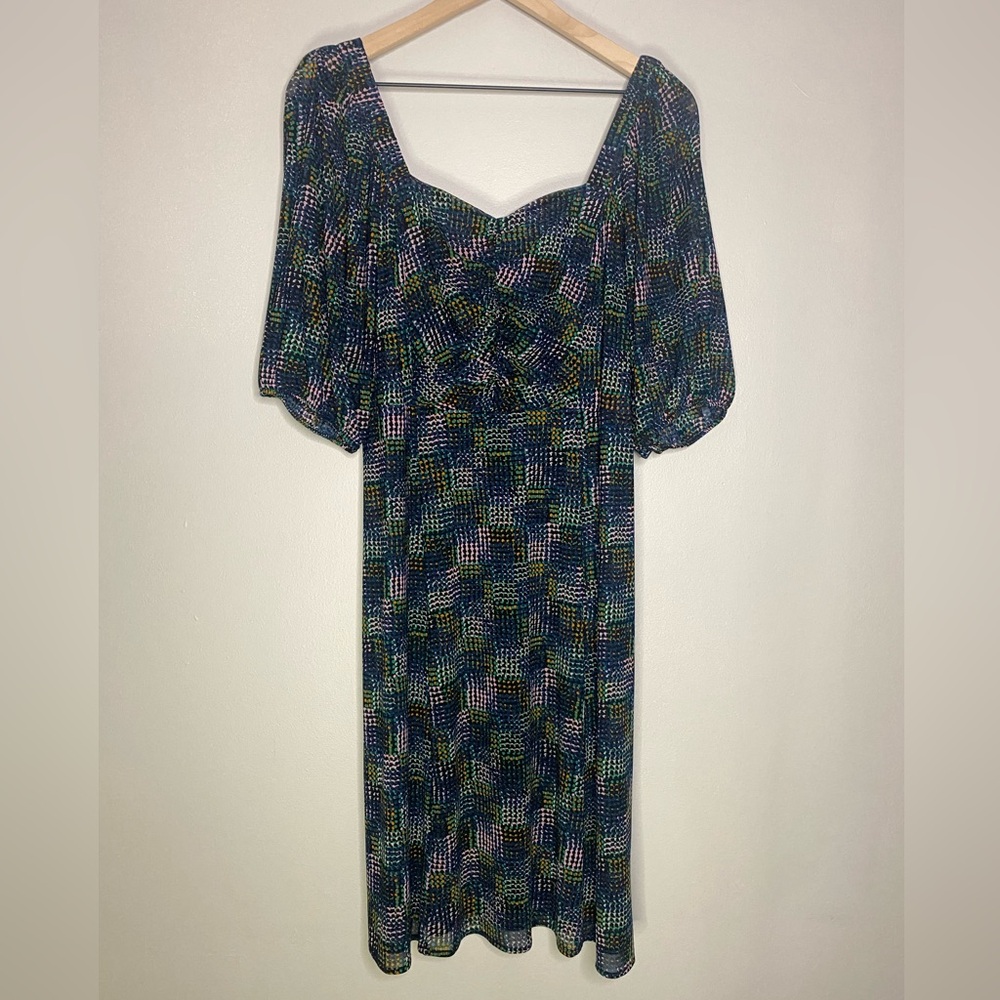 CAbi Multicolor Geometric Print Midi Dress — Navy, Green, Pink